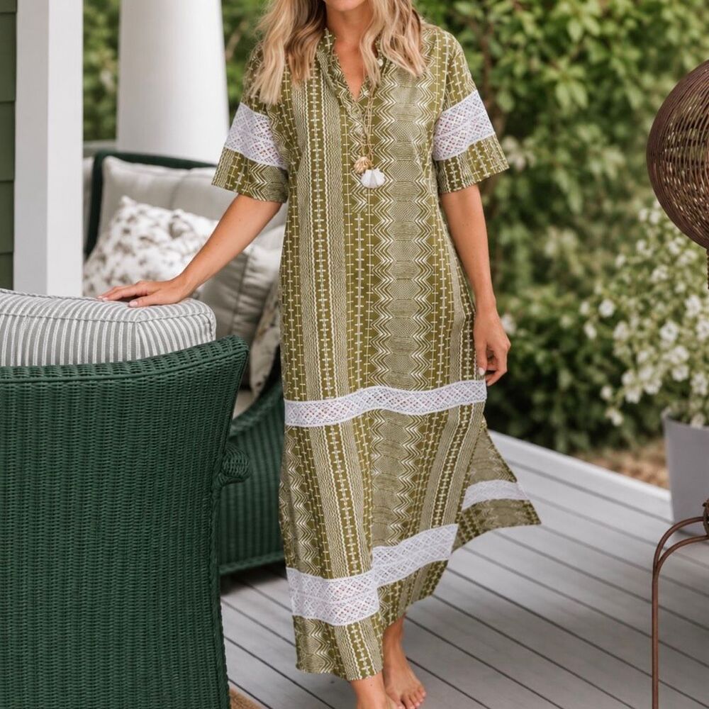 JULIA AMORY Majorelle Maxi Dress Size Medium Moss Zig Zag Green White Lace